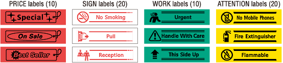 PRICE labels SIGN labels WORK labels ATTENTION labels